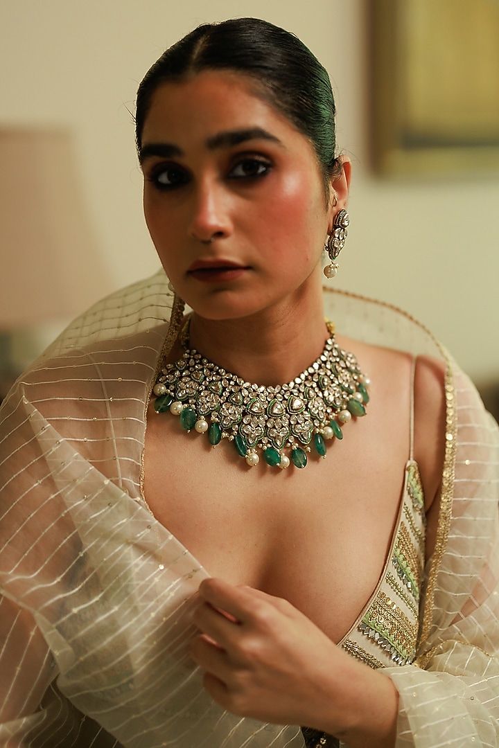 Gold Plated Kundan Polki & Green Stone Choker Necklace Set In Sterling Silver by Varq Jewels at Pernia's Pop Up Shop