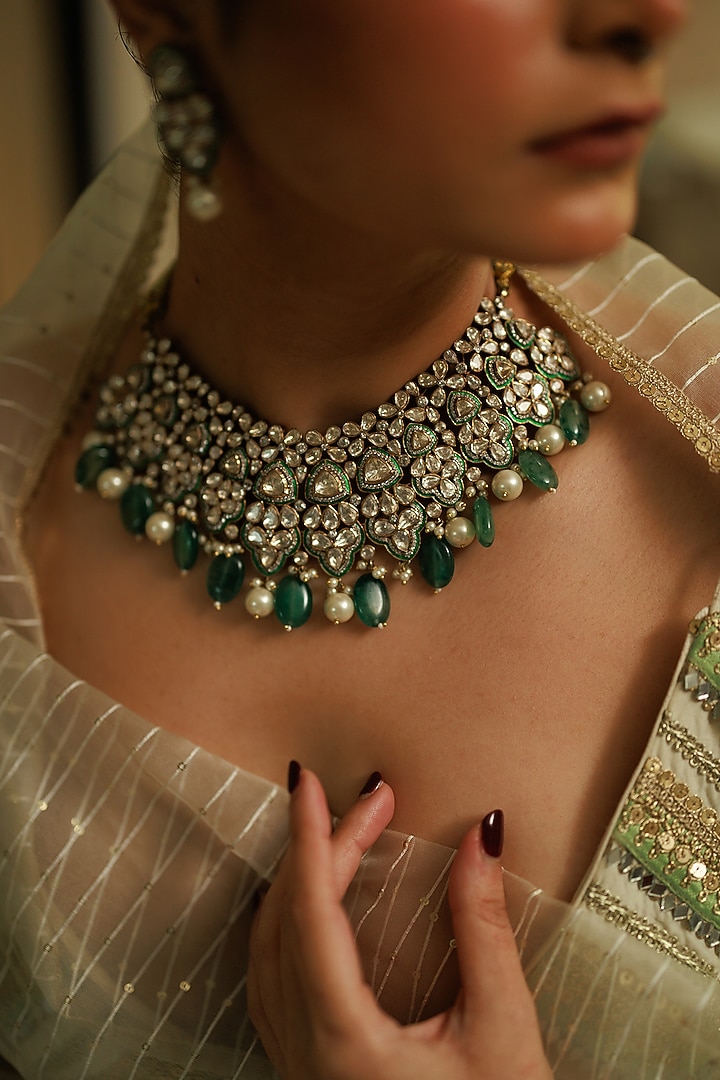 Gold Plated Kundan Polki & Green Stone Choker Necklace Set In Sterling Silver by Varq Jewels at Pernia's Pop Up Shop