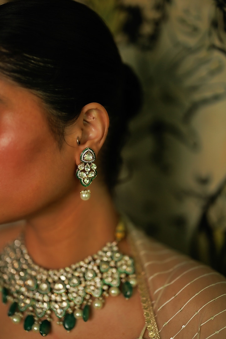 Gold Plated Kundan Polki & Green Stone Choker Necklace Set In Sterling Silver by Varq Jewels at Pernia's Pop Up Shop