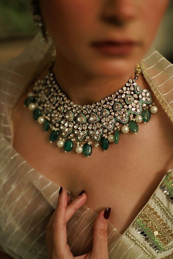 Gold Plated Kundan Polki & Green Stone Choker Necklace Set In Sterling Silver by Varq Jewels at Pernia's Pop Up Shop