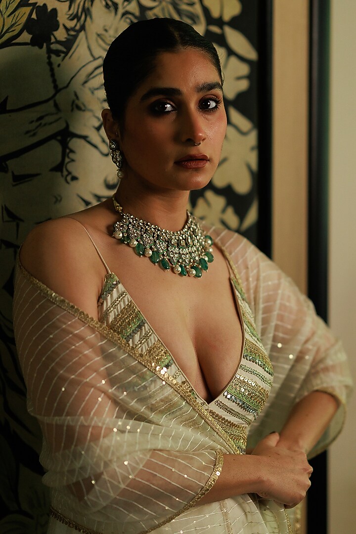 Gold Plated Kundan Polki & Green Stone Choker Necklace Set In Sterling Silver by Varq Jewels at Pernia's Pop Up Shop