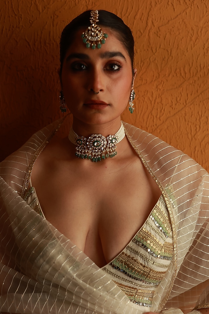 Gold Plated Kundan Polki & Emerald Choker Necklace Set In Sterling Silver by Varq Jewels at Pernia's Pop Up Shop