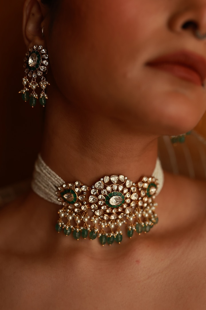Gold Plated Kundan Polki & Emerald Choker Necklace Set In Sterling Silver by Varq Jewels at Pernia's Pop Up Shop