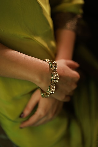 Gold Plated Kundan Polki & Green Stone Bracelet In Sterling Silver by Varq Jewels