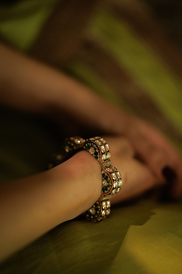 Gold Plated Kundan Polki & Green Stone Bracelet In Sterling Silver by Varq Jewels at Pernia's Pop Up Shop