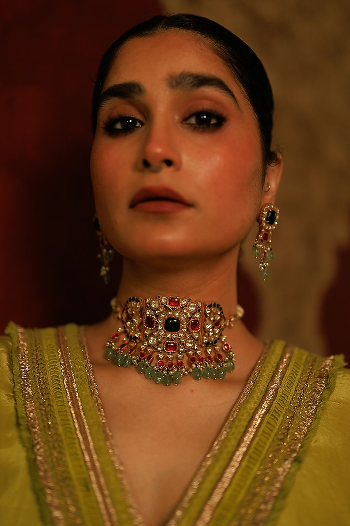 Gold Plated Kundan Polki & Ruby Choker Necklace Set In Sterling Silver by Varq Jewels at Pernia's Pop Up Shop