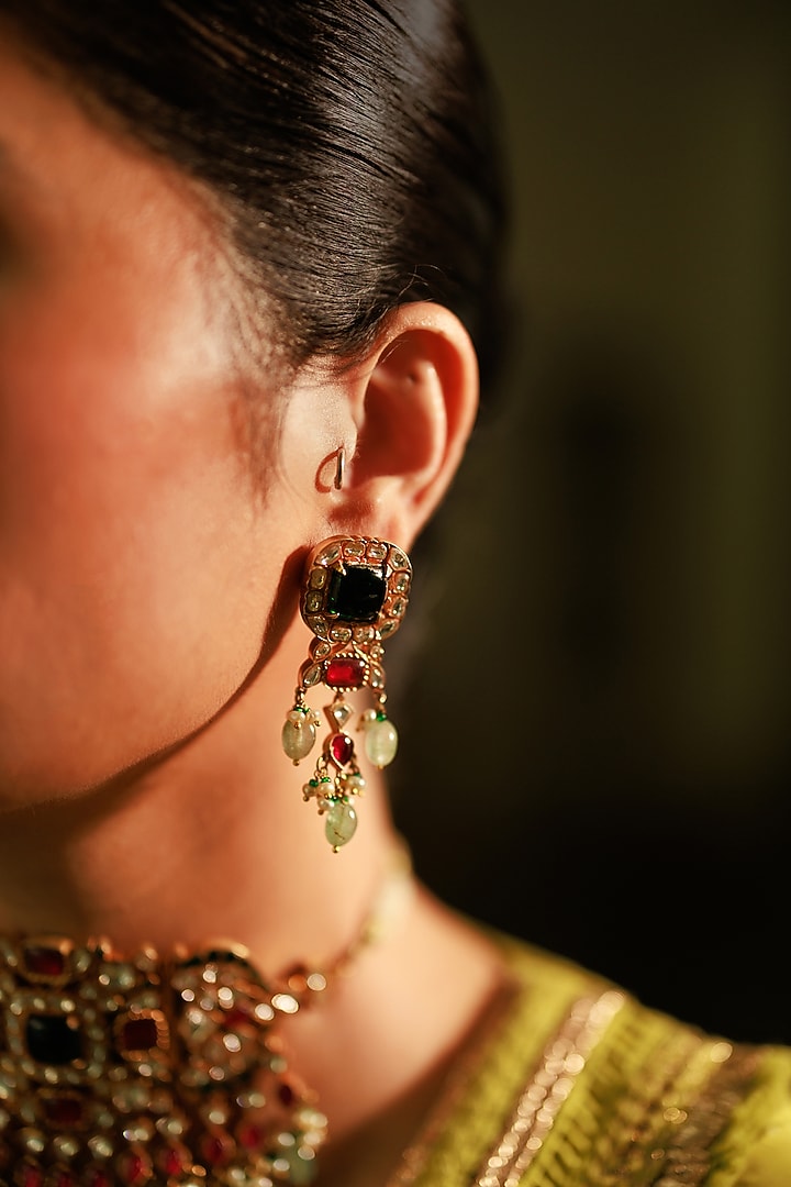 Gold Plated Kundan Polki & Ruby Choker Necklace Set In Sterling Silver by Varq Jewels at Pernia's Pop Up Shop