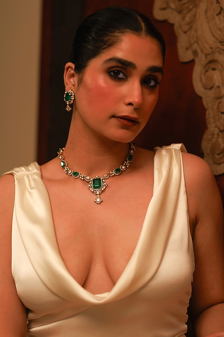 Gold Plated Moissanite Polki & Emerald Necklace Set In Sterling Silver by Varq Jewels at Pernia's Pop Up Shop
