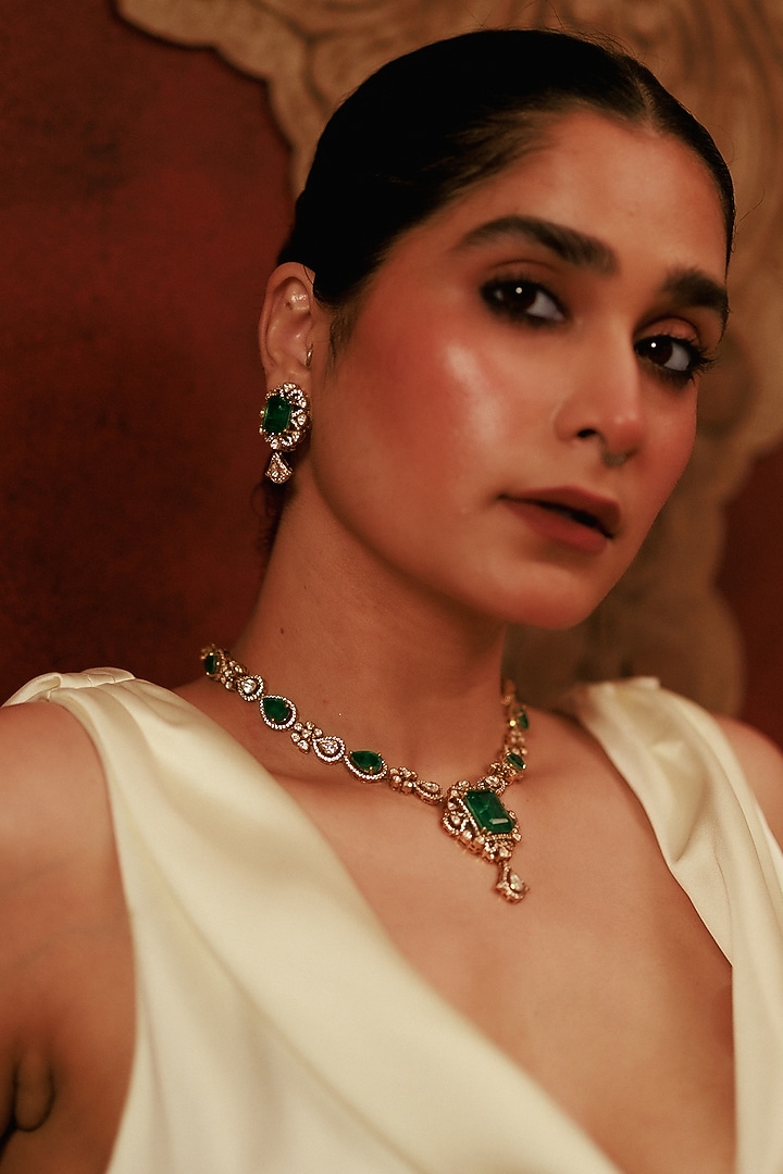 Gold Plated Moissanite Polki & Emerald Necklace Set In Sterling Silver by Varq Jewels at Pernia's Pop Up Shop