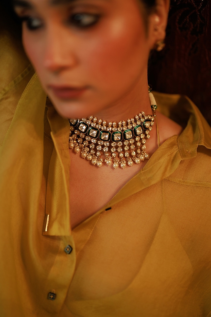 Gold Plated Kundan Polki & Emerald Stone Choker Necklace Set In Sterling Silver by Varq Jewels at Pernia's Pop Up Shop