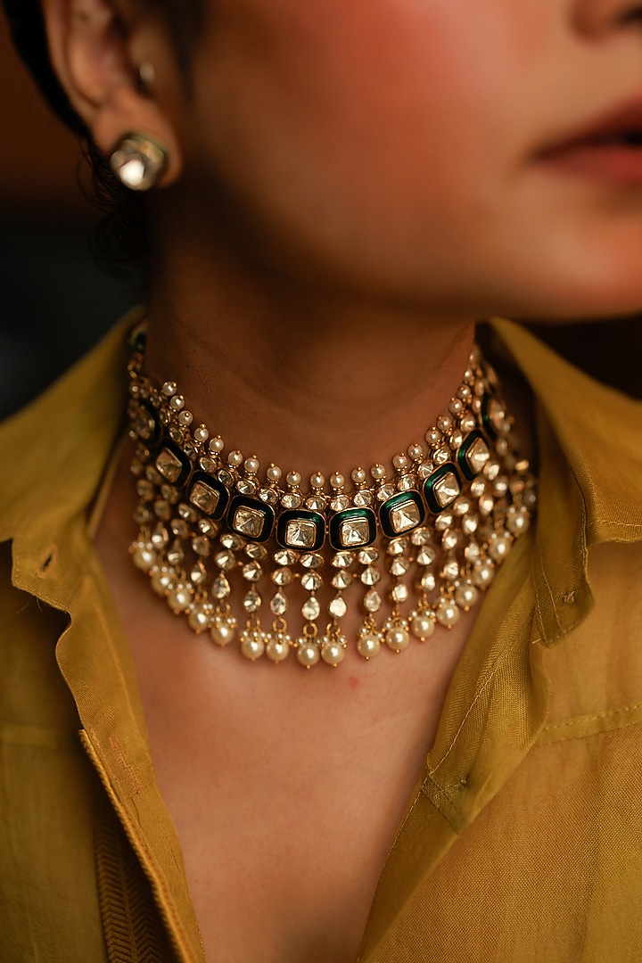 Gold Plated Kundan Polki & Emerald Stone Choker Necklace Set In Sterling Silver by Varq Jewels at Pernia's Pop Up Shop