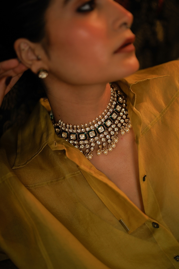 Gold Plated Kundan Polki & Emerald Stone Choker Necklace Set In Sterling Silver by Varq Jewels at Pernia's Pop Up Shop