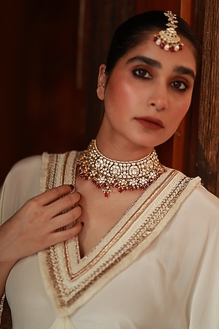 Gold Plated Kundan Polki & Ruby Maangtikka In Sterling Silver by Varq Jewels