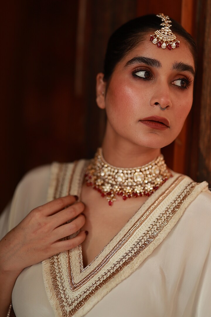 Gold Plated Kundan Polki & Ruby Maangtikka In Sterling Silver by Varq Jewels at Pernia's Pop Up Shop