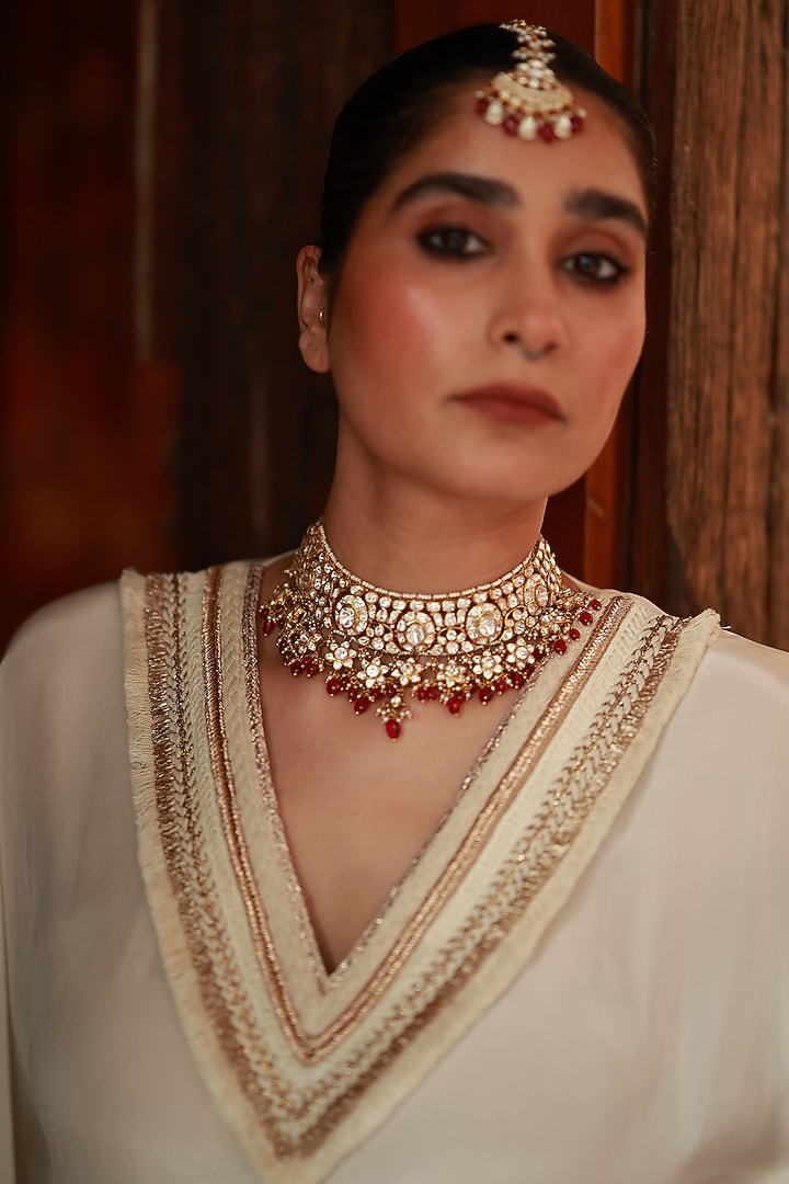 Gold Plated Moissanite Polki & Ruby Choker Necklace In Sterling Silver by Varq Jewels at Pernia's Pop Up Shop