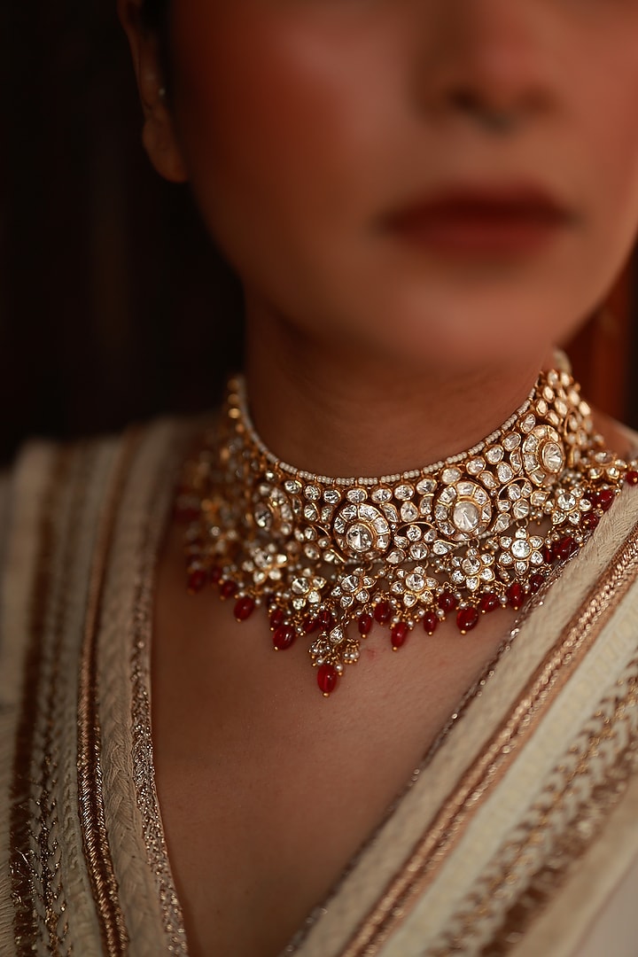 Gold Plated Moissanite Polki & Ruby Choker Necklace In Sterling Silver by Varq Jewels at Pernia's Pop Up Shop