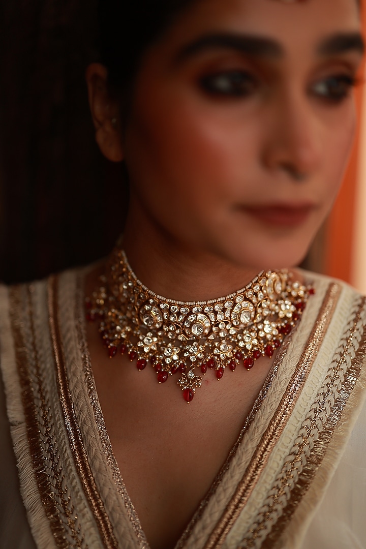 Gold Plated Moissanite Polki & Ruby Choker Necklace In Sterling Silver by Varq Jewels at Pernia's Pop Up Shop