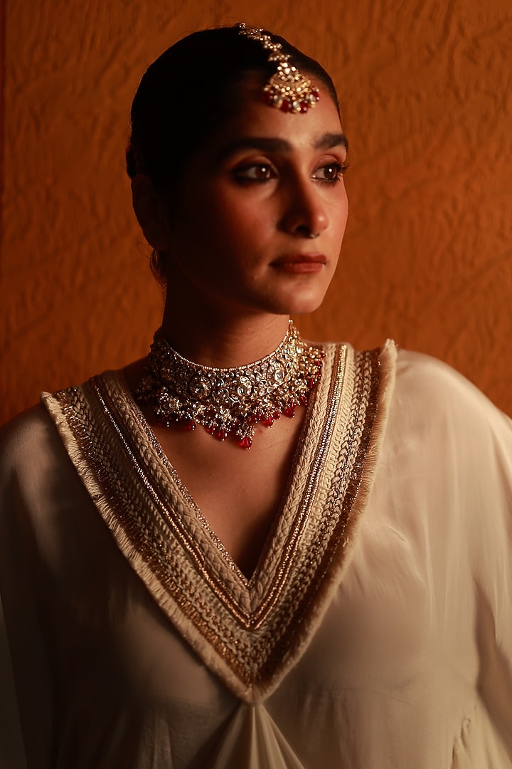 Gold Plated Moissanite Polki & Ruby Choker Necklace In Sterling Silver by Varq Jewels at Pernia's Pop Up Shop