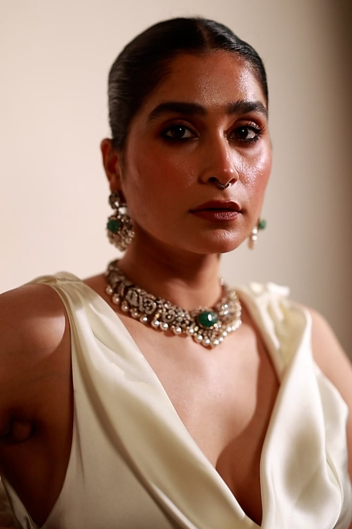 Gold Plated Shimmering Stone & Pearl Choker Necklace Set In Sterling Silver by Varq Jewels at Pernia's Pop Up Shop