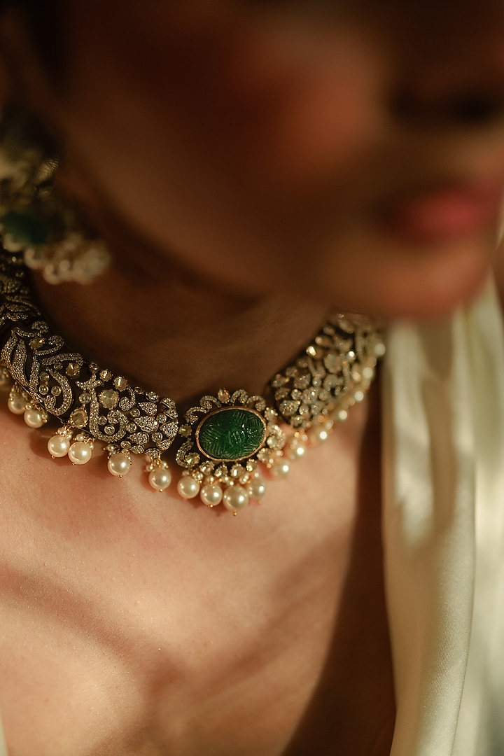 Gold Plated Shimmering Stone & Pearl Choker Necklace Set In Sterling Silver by Varq Jewels at Pernia's Pop Up Shop