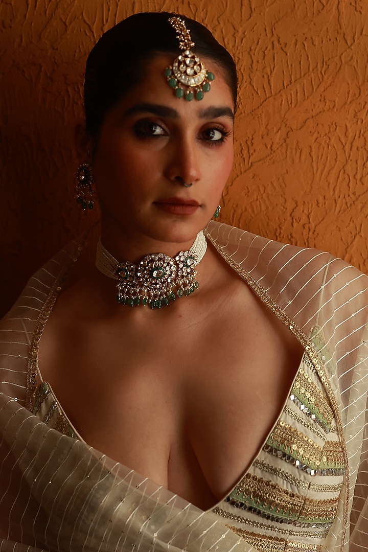 Gold Plated Green Stone & Pearl Maangtikka In Sterling Silver by Varq Jewels at Pernia's Pop Up Shop