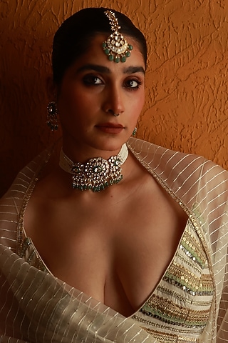 Gold Plated Green Stone & Pearl Maangtikka In Sterling Silver by Varq Jewels