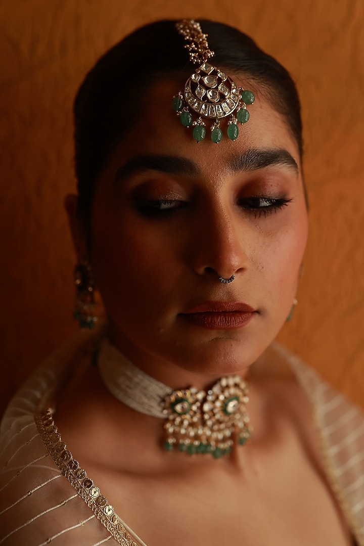 Gold Plated Green Stone & Pearl Maangtikka In Sterling Silver by Varq Jewels at Pernia's Pop Up Shop
