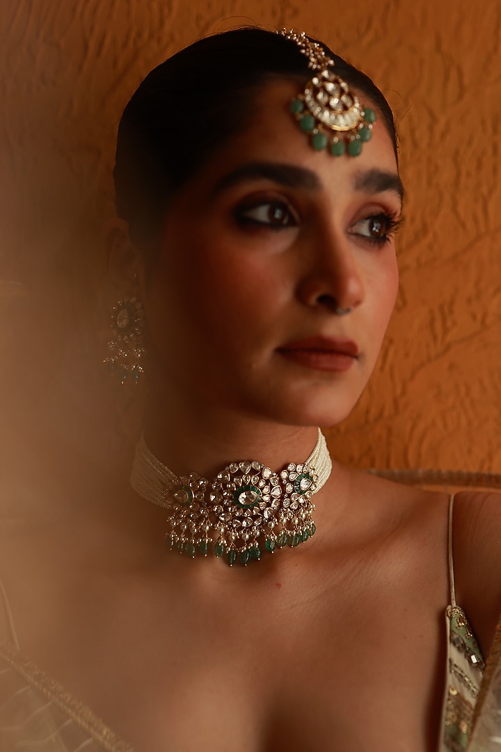Gold Plated Green Stone & Pearl Maangtikka In Sterling Silver by Varq Jewels at Pernia's Pop Up Shop