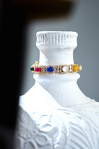 Gold Finish Navratna Gemstone Bracelet In Sterling Silver by Varq Jewels