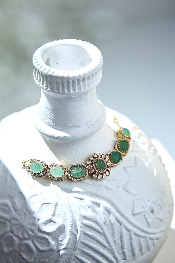 Gold Plated Green & White Stone Handcrafted Bracelet In Sterling Silver by Varq Jewels at Pernia's Pop Up Shop