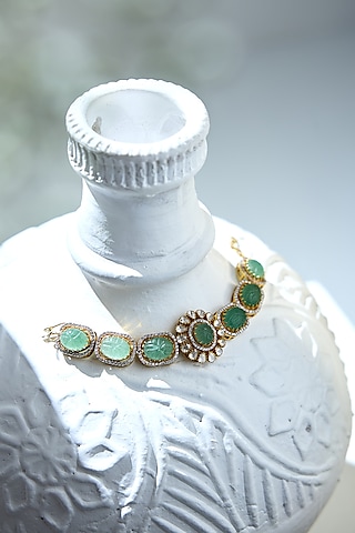 Gold Plated Green & White Stone Handcrafted Bracelet In Sterling Silver by Varq Jewels