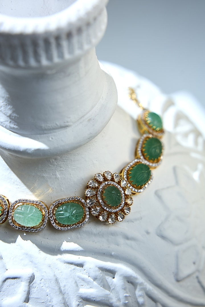 Gold Plated Green & White Stone Handcrafted Bracelet In Sterling Silver by Varq Jewels at Pernia's Pop Up Shop