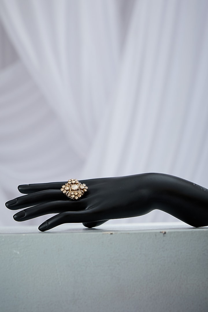 Gold Finish Motif Adjustable Ring In Sterling Silver by Varq Jewels at Pernia's Pop Up Shop