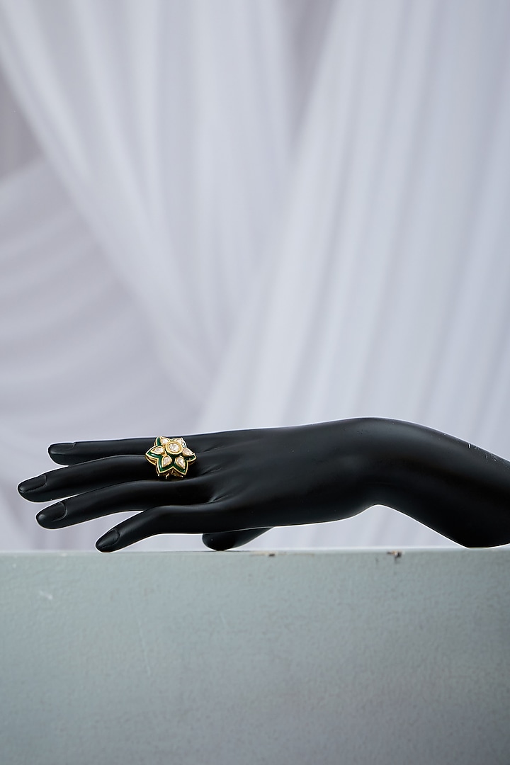 Gold Finish Uncut Stone & Polki Drop Green Enameled Floral Adjustable Ring In Sterling Silver by Varq Jewels at Pernia's Pop Up Shop