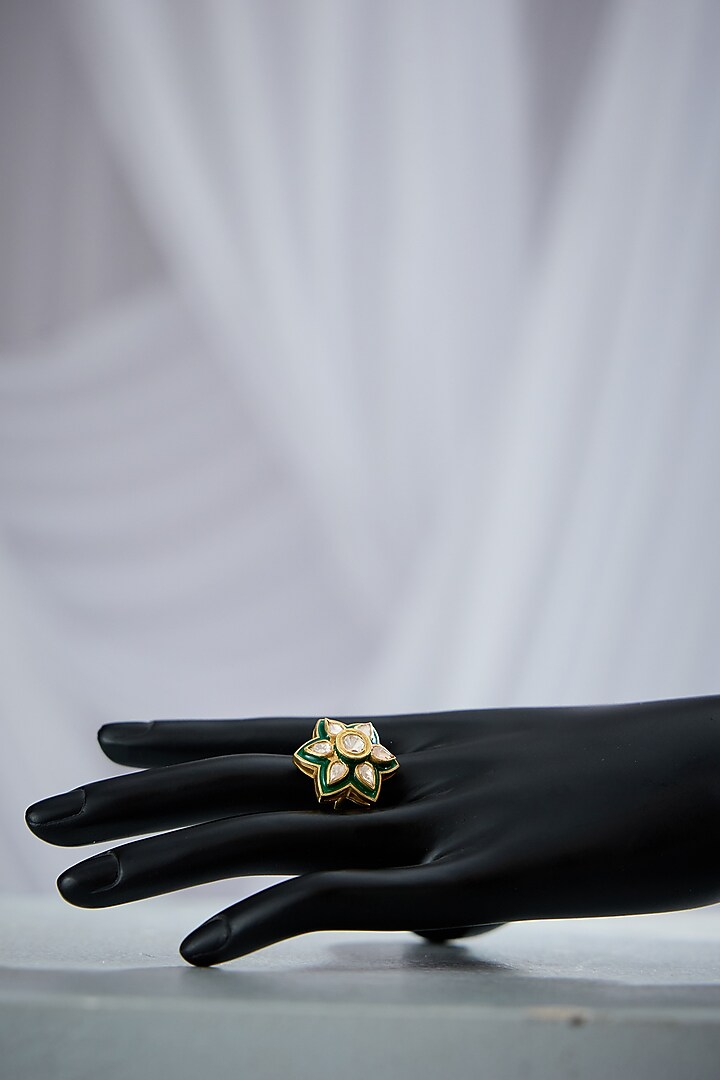 Gold Finish Uncut Stone & Polki Drop Green Enameled Floral Adjustable Ring In Sterling Silver by Varq Jewels at Pernia's Pop Up Shop