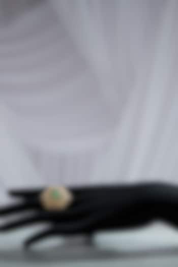 Gold Plated Green Stone & Kundan Embellished Adjustable Statement Ring In Sterling Silver by Varq Jewels at Pernia's Pop Up Shop