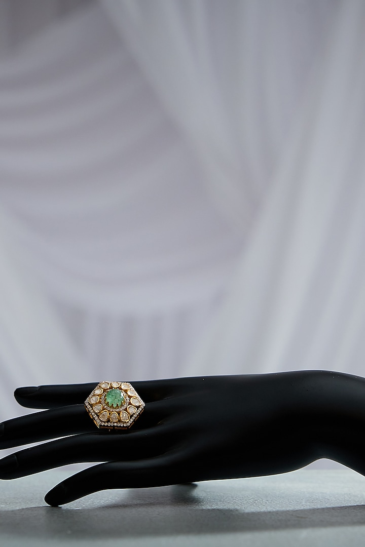 Gold Plated Green Stone & Kundan Embellished Adjustable Statement Ring In Sterling Silver by Varq Jewels at Pernia's Pop Up Shop