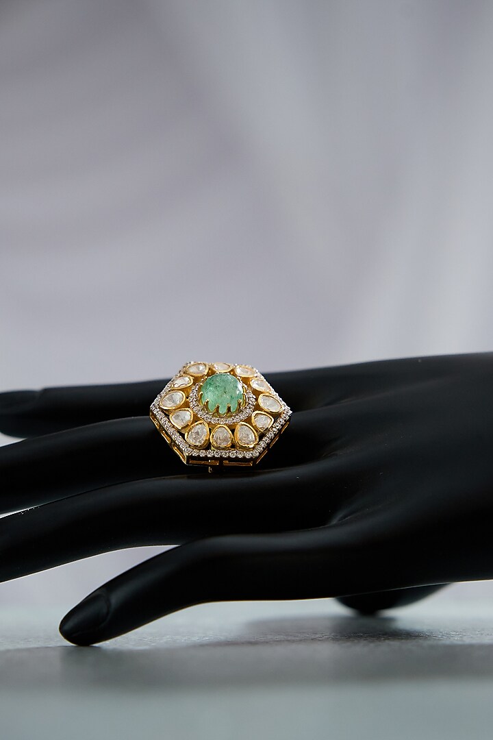 Gold Plated Green Stone & Kundan Embellished Adjustable Statement Ring In Sterling Silver by Varq Jewels at Pernia's Pop Up Shop