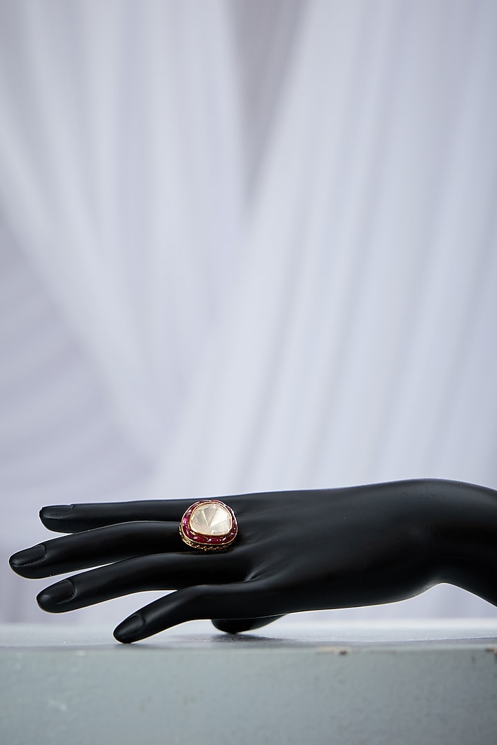 Gold Plated Red & White Stone Adjustable Ring In Sterling Silver by Varq Jewels at Pernia's Pop Up Shop