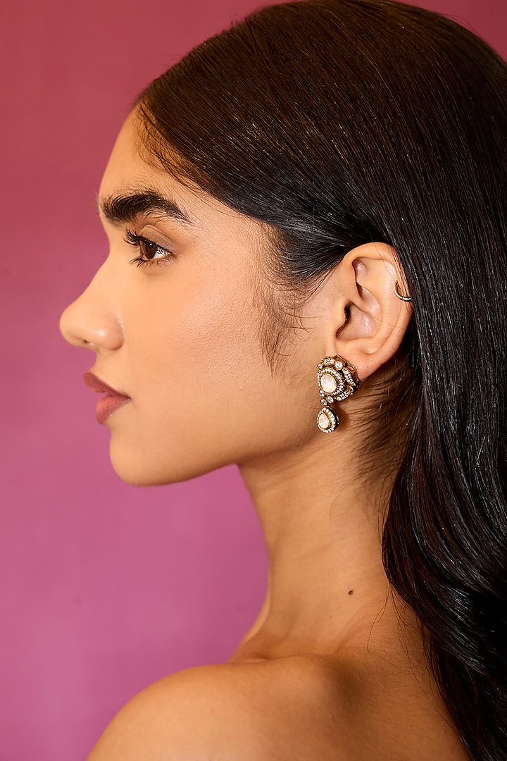 Gold Finish White & Gold Stone Jhumka Earrings In Sterling Silver by Varq Jewels at Pernia's Pop Up Shop