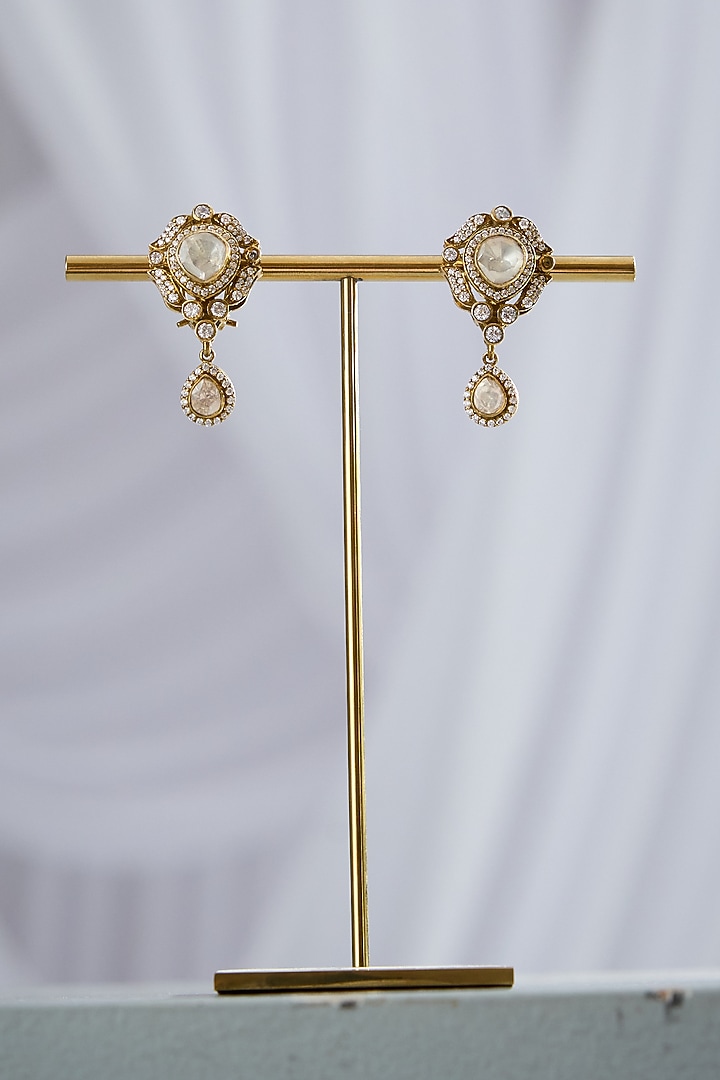 Gold Finish White & Gold Stone Jhumka Earrings In Sterling Silver by Varq Jewels at Pernia's Pop Up Shop
