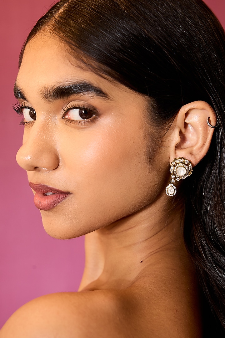 Gold Finish White & Gold Stone Jhumka Earrings In Sterling Silver by Varq Jewels at Pernia's Pop Up Shop