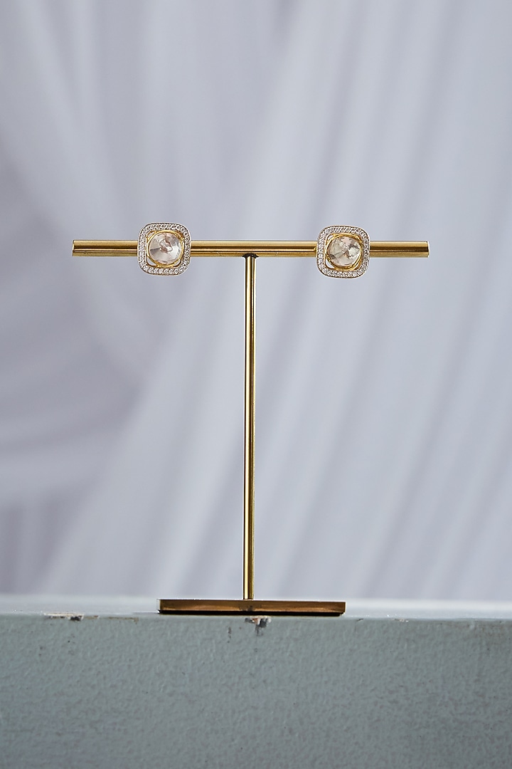 Gold Finish White & Gold Stone Stud Earrings In Sterling Silver by Varq Jewels at Pernia's Pop Up Shop