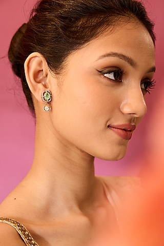 Gold Plated Green Stone Stud Earrings In Sterling Silver by Varq Jewels