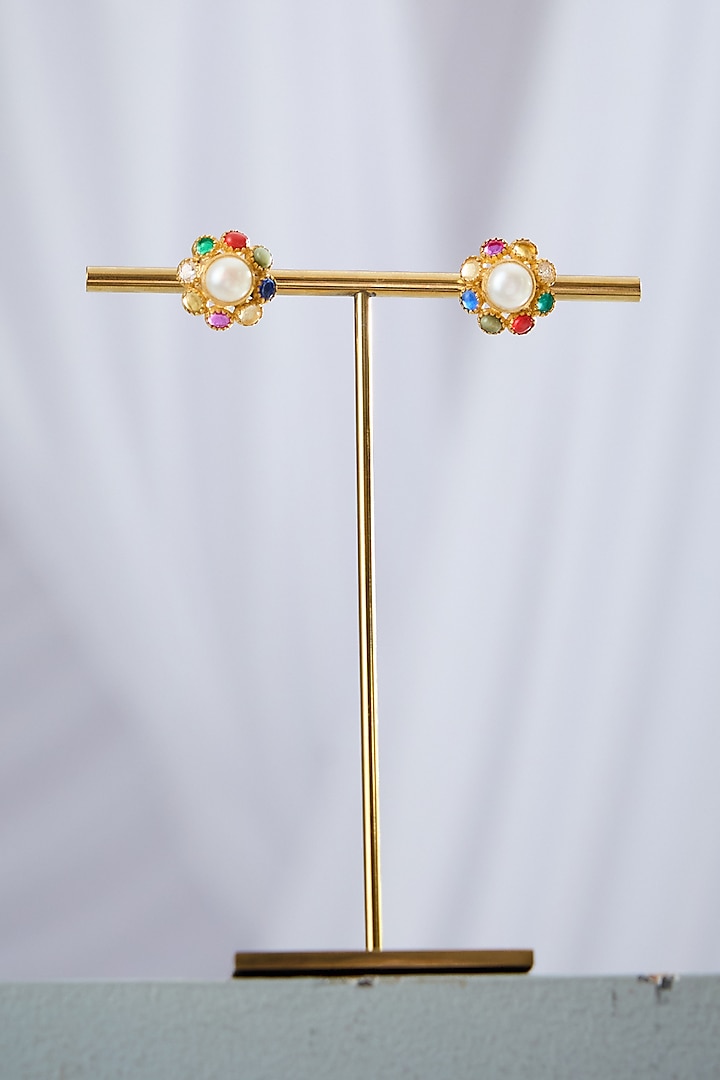 Gold Plated Multi-Colored Stone Stud Earrings In Sterling Silver by Varq Jewels at Pernia's Pop Up Shop