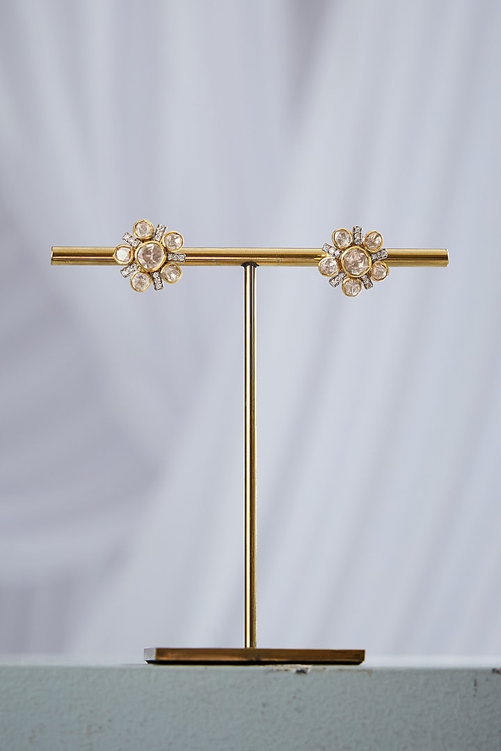 Gold Finish Uncut Polki Stone Floral Stud Earrings In Sterling Silver by Varq Jewels at Pernia's Pop Up Shop