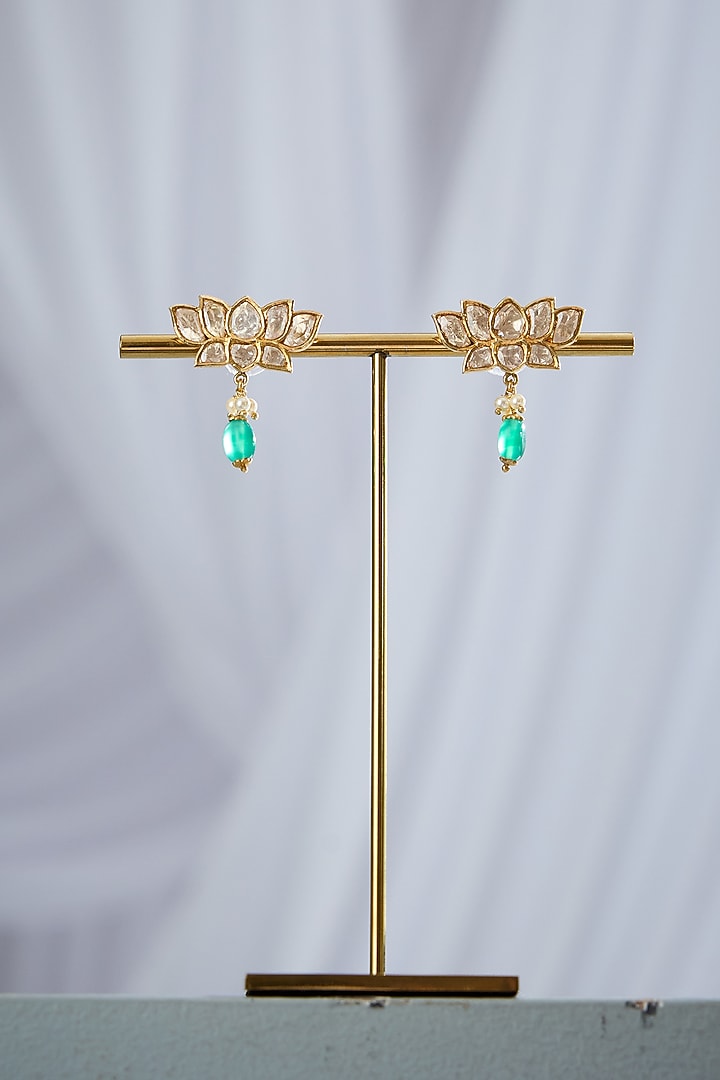 Gold Plated Green Stone Jhumka Earrings In Sterling Silver by Varq Jewels at Pernia's Pop Up Shop