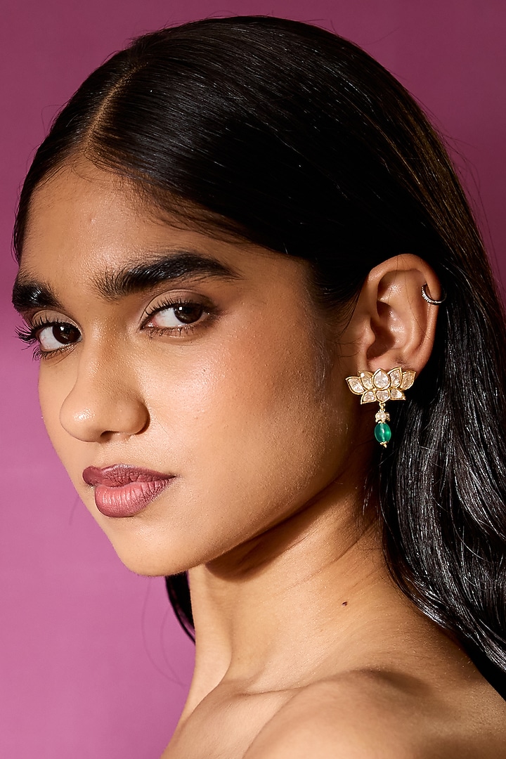 Gold Plated Green Stone Jhumka Earrings In Sterling Silver by Varq Jewels at Pernia's Pop Up Shop