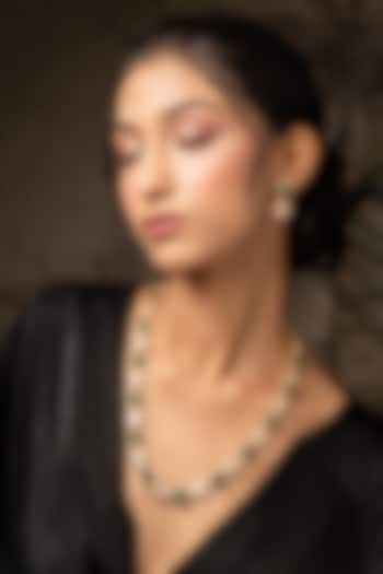 Gold Plated Moissanite Polki & Green Synthetic Stone Long Necklace Set In Sterling Silver by Varq Jewels at Pernia's Pop Up Shop