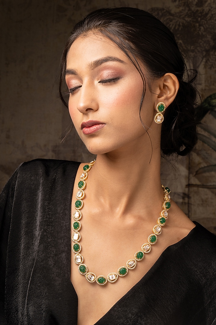 Gold Plated Moissanite Polki & Green Synthetic Stone Long Necklace Set In Sterling Silver by Varq Jewels at Pernia's Pop Up Shop
